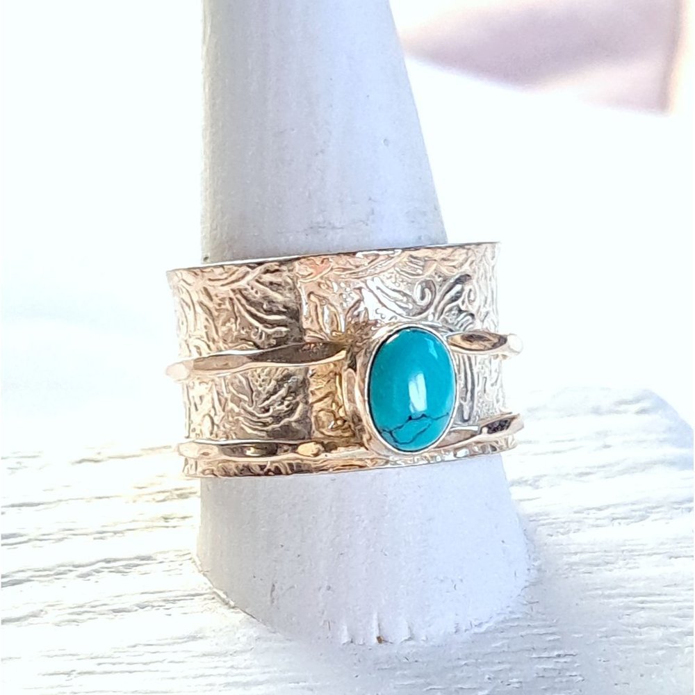 Natural Turquoise Steering Silver Meditation Fidget Spinner Ring - Picture 11 of 13